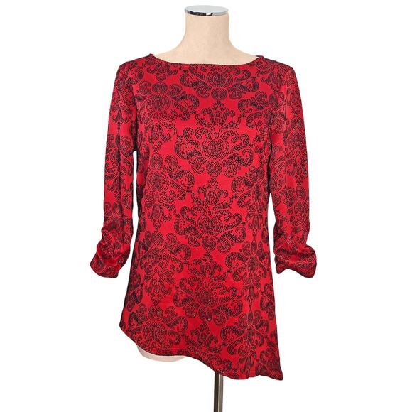 Vintage 90's Y2K Asymmetrical Hem Red Black Sparkle Glitter Shirt Top Blouse - Picture 1 of 2